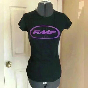Vtg FMF women’s black top short sleeve purple emblem graphic 90s